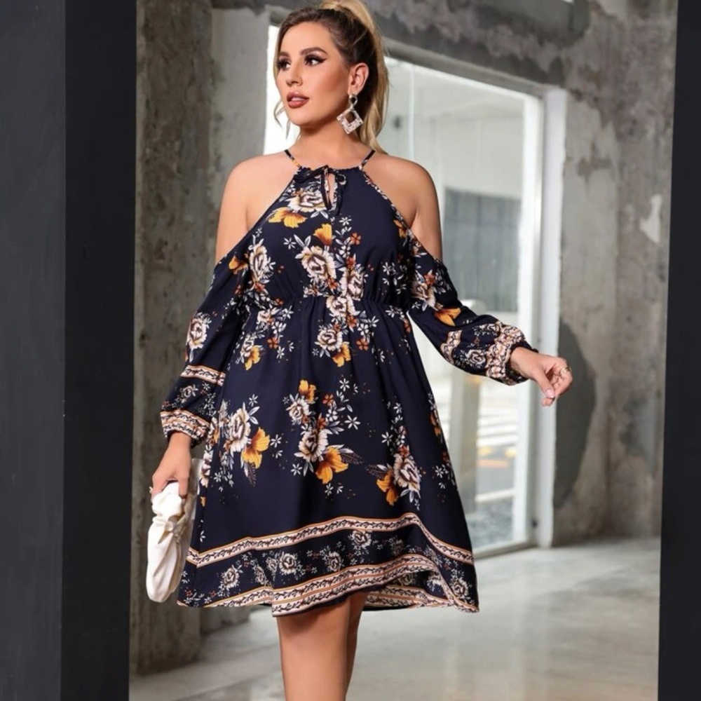 Plus floral print cold shoulder dress